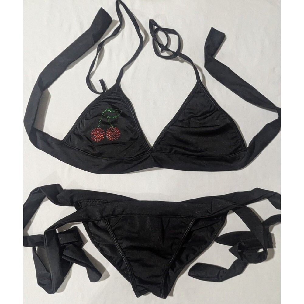 Black Cherry Rhinestone String Bikini Set Tie Side Swimsuit